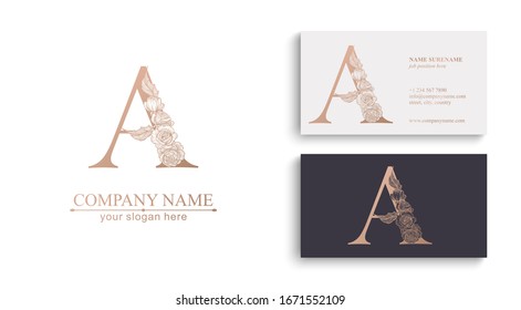 Letter A logo or monogram. For your business. Vector sign. Floral style, beautiful roses. Personal logo.