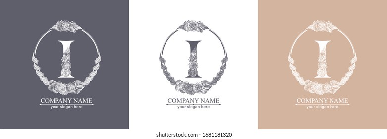 Letter I logo or monogram. For your business. Vector sign. Floral style, beautiful roses. Personal logo.
