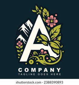 A letter logo with a nature-inspired theme, incorporating elements like leaves, flowers, or mountains
