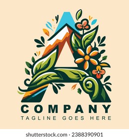A letter logo with a nature-inspired theme, incorporating elements like leaves, flowers, or mountains
