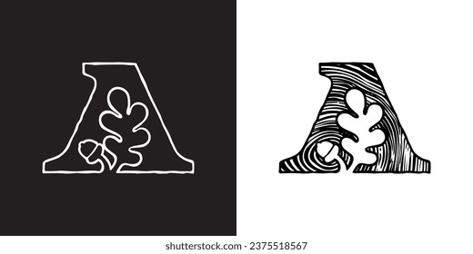 A letter logo with oak leaf and acorn. Tree cross-section. Natural wood texture, ring pattern. Trunk saw cut. Negative space emblem. Vector icon for eco identity, university coat of arms, vintage adv.