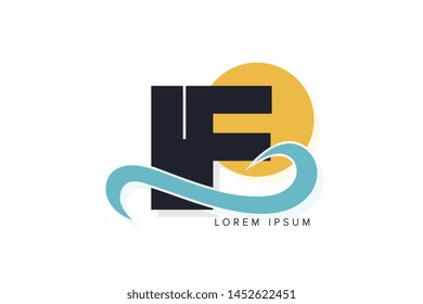 IF letter logo with ocean waves and sunset. Beach concept design