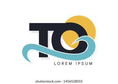 TO letter logo with ocean waves and sunset. Beach concept design