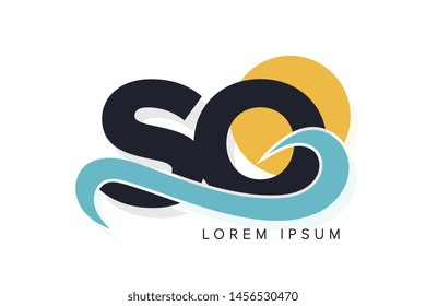 SO letter logo with ocean waves and sunset. Beach concept design