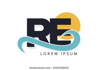 RE letter logo with ocean waves and sunset. Beach concept design