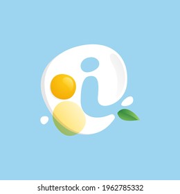Letter I logo on a Fried Egg with green leaf and splashes. Negative space vector icon for farm company, ecology cafe, tasty poster, fast food restaurant.