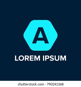 letter A logo on a polygon blue background. Initial letter uppercase polygon shape negative design logo.