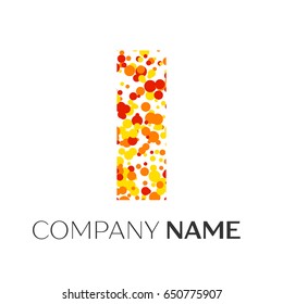 Letter I logo with orange, yellow, red particles and bubbles dots on white background. Vector template for your design
