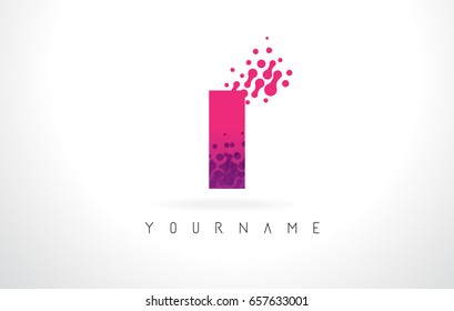 I Letter Logo with Pink Letters and Purple Color Particles Dots Design.