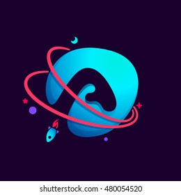 Letter A logo with planet, rocket and orbits lines. Bright vector design for science, biology, physics, chemistry company.