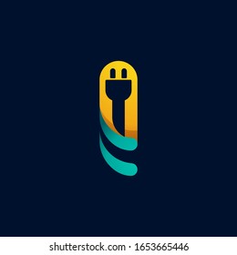 Letter I logo with plug cable inside. Vector typeface for electric car identity, technology headlines, charging posters etc.