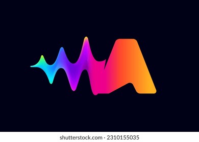 A letter logo with pulse music player element. Vibrant sound wave flow line and glitch effect. Neon gradient icon. Vector template for techno store, electronic music, audio equalizer, DJ posters.