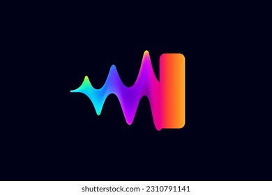 I letter logo with pulse music player element. Vibrant sound wave flow line and glitch effect. Neon gradient icon. Vector template for techno store, electronic music, audio equalizer, DJ posters.