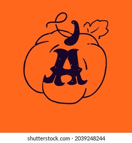 A letter logo in pumpkin with grunge texture. Gothic style font with curved serif. Perfect for your Halloween design.