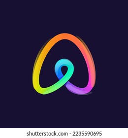 Letter A logo. Rainbow gradient one line icon. Overlapping multicolor emblem with glossy shine. Ideal for colorful app, street art design, bright advertising, toy packaging, multimedia identity.