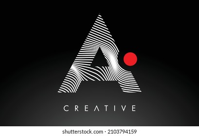 A Letter Logo with Red Dot Circle and Warp Lines Design Vector. Creative A Icon Letter made of white Warped Lines 