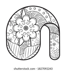 Letter A logo with seamless Tracery pattern. Mehndi Designs. Curved black and white scribble background. Vector 10. Ethnic monochrome binary doodle texture. Coloring with pleasure.