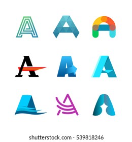 Letter A logo set. Color icon templates design. Set of colorful A letter symbols.