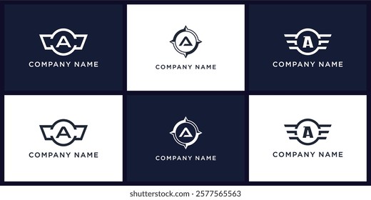 A letter logo set with compas, wing, and ring, editable vector bundle