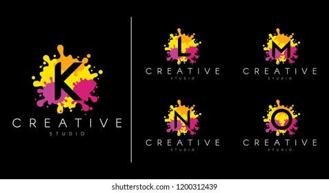 Letter logo set.  Letter design for company name - K, L, N, M, O.  Set of letter at colorful paint splash background.