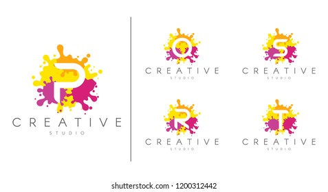 Letter Logo Set.  Letter Design For Company Name - P, Q, R, S, T.  Set Of Letter At Colorful Paint Splash Background.