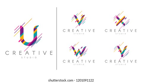 Letter logo set. Letter design for company name - U, V, W, X, Y.  Abstract letters design, made of various geometric shapes in color. 