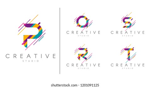 Letter logo set. Letter design for company name - P, Q, R, S, T.  Abstract letters design, made of various geometric shapes in color. 