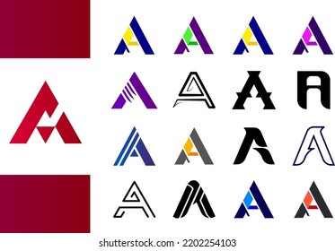 Conjunto de logotipos de letra A con un estilo diferente. Carácter alfabético, colección de letras mayúsculas.