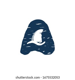 Letter A logo with shark's fin. Hand drawn monochrome vintage nautical style. Perfect for clothing labels, apparel print, retro posters etc.