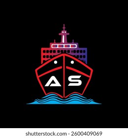 AS Letter logo, ship icon  illustration of a ship at sea with red and blue color gradients