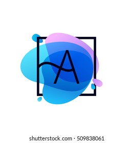 Letter A logo in square frame at blue watercolor splash background. Vector ecology typography for your posters, invitations, cards. 