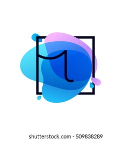 Letter I logo in square frame at blue watercolor splash background. Vector ecology typography for your posters, invitations, cards. 
