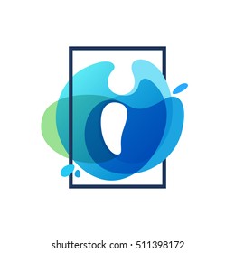 Letter I logo in square frame at blue watercolor splash background. Vector ecology typography for your posters, invitations, cards. 