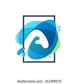 Letter A logo in square frame at blue watercolor splash background. Vector ecology typography for your posters, invitations, cards. 