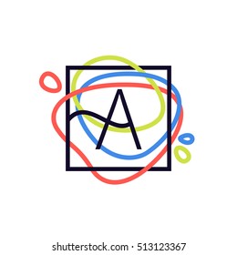 Letter A logo in square frame at colorful line background. Font style, vector design template elements for your posters, invitations, cards. 