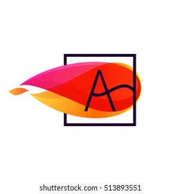 Letter A logo in square frame at fire flame background. Vector typography for your posters, invitations, cards. 