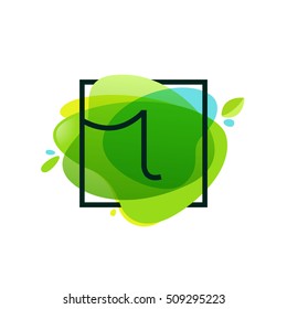 Letter I logo in square frame at green watercolor splash background. Green art. Vector ecology typography for your posters, invitations, cards. 