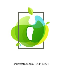 Letter I logo in square frame at green watercolor splash background. Vector ecology typography for your posters, invitations, cards. 