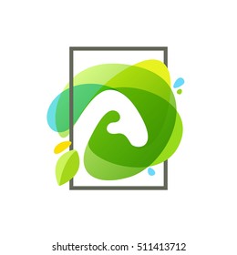 Letter A logo in square frame at green watercolor splash background. Vector ecology typography for your posters, invitations, cards. 
