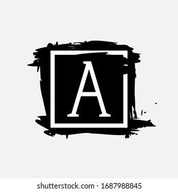 Buchstabe Ein Logo in quadratischem Rahmen bei rosafarbenen Pinselstrichen mit rauen Kanten. Vektorillustration-Serif-Schrift perfekt für Premium-Etiketten, Vintage-Plakate und moderne Identität, etc.