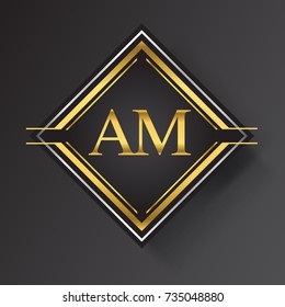 AM Letter logo in a square shape gold and silver colored geometric ornaments. Vector design template elements for your business or company identity.