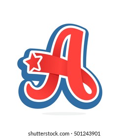 Letter A logo with star in vintage baseball style. Sport elements for sportswear, club, t-shirt, banner, card, labels or posters.