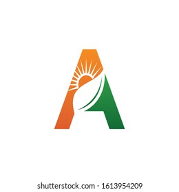 letter a logo with sun leaf green element template