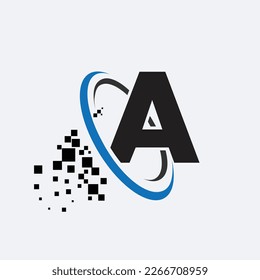 letter A logo symbol in the colorful circle with shattered blocks on white background. Pixel Motion. Template for your design