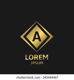 Letter A logo template with golden frame. Vector illustration