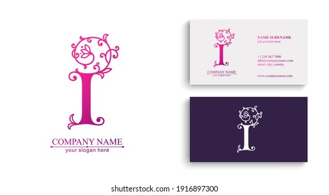 Letter I logo template. Monnogram, delicate floral design. Personal logo. Vector design.