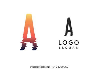 Letter A logo template, sunset reflection on water or sunset path logotype design for creative agencies, environment groups, design studios, tech companies, startups. Vector illustration