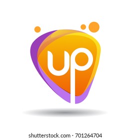 Letter UP logo in triangle splash and colorful background, letter combination logo design for creative industry, web, business and company.