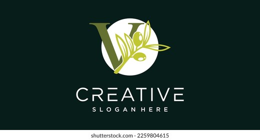 Letter logo V with olive branches illustration of green leaves Premium Vector