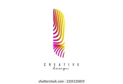 Letter I logo with vibrant colourful twisted lines. Creative vector illustration with zebra, finger print pattern and wavy pattern lines.